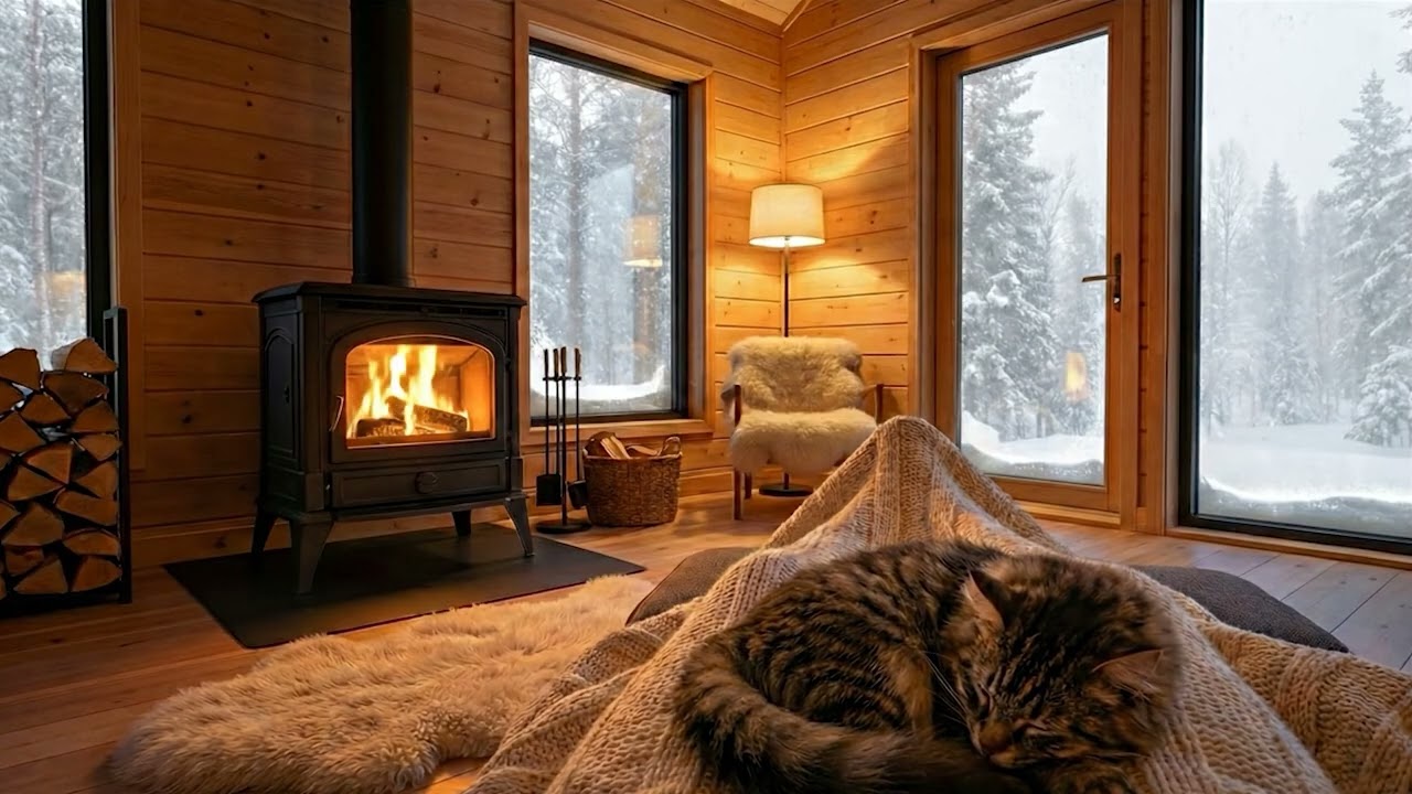 The Ultimate Cozy Cabin: Wood Stove & Sleeping Cat Purr ASMR | Heavy Snowfall Ambience