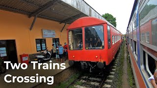 Denuwara Menike and Colombo Express 1007 Crossing at Pattipola Railway Station in Sri Lanka