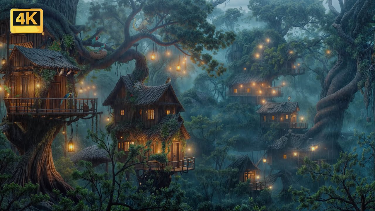 🏡Enchanted Forest Treehouse Village Ambience with Rain Sounds, Nature Sounds for Relaxation & Sleep