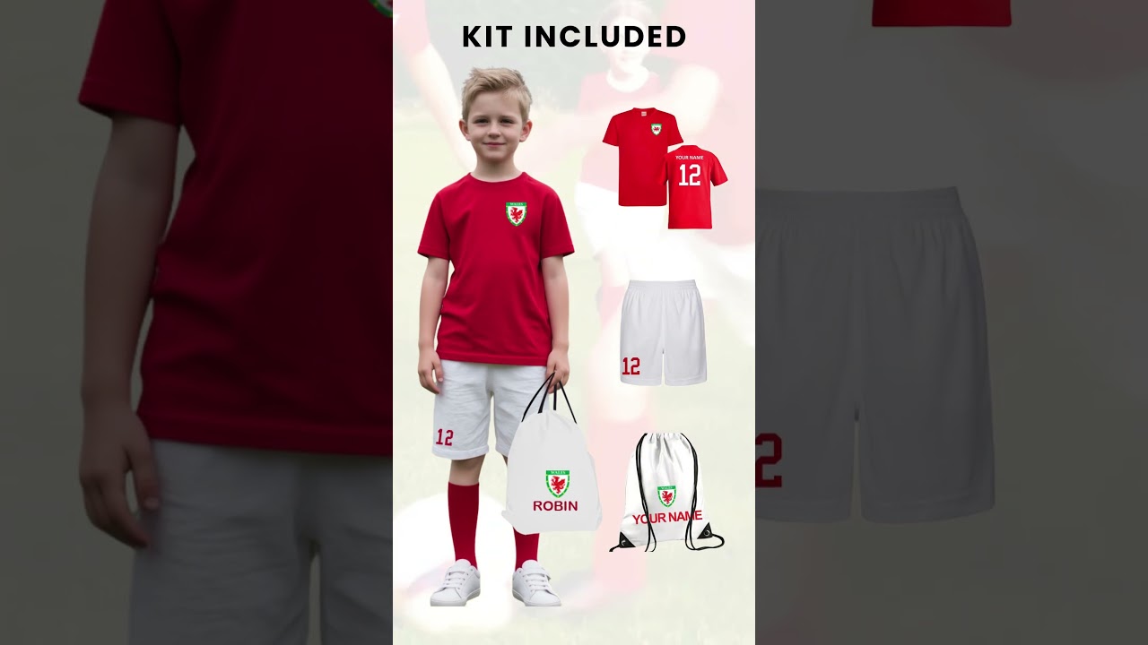 Personalised Kids Wales Style Football Kit Shirt Shorts and Bag #wales  #footballkits #girl #rugby