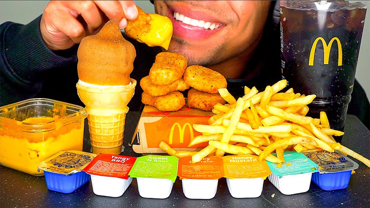 MCDONALD'S CHICKEN NUGGETS ICE CREAM CONE DIPPED CHOCOLATE CRISPY FRENCH FRIES BIG BITES ASMR