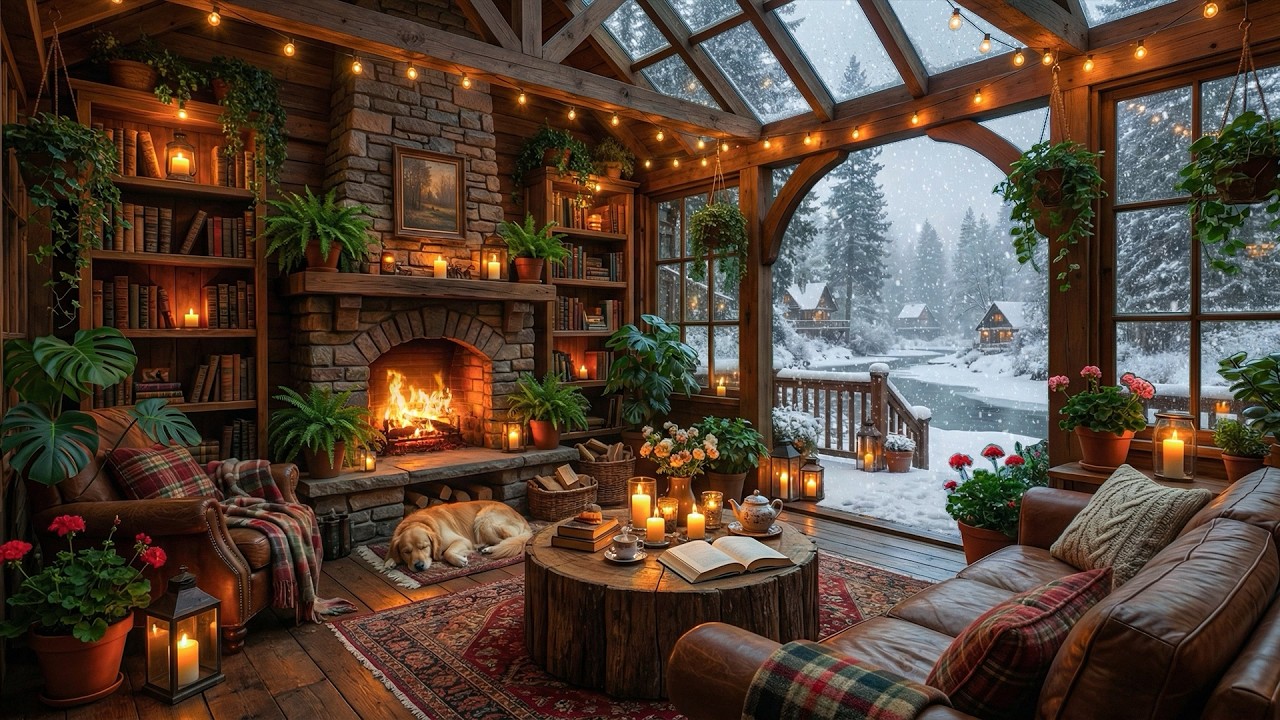 Rainy Snowfall at Cozy Forest Cabin ❄️ Soft Jazz & Fireplace Ambience for Calm Nights