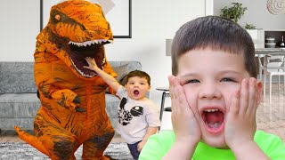 CALEB PRETEND PLAY DINOSAUR HUNT! FUNNy DINOSAUR DANCE PARTY with MOM!