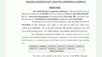 HPSSC Hamirpur Written test Result Junior scale Stenographer 764 Post Code