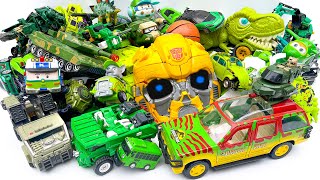 Box full of green cars Transformers 7 BUMBLEBEE SMASH JCB Military TOY truck, Robot Transfiguration!