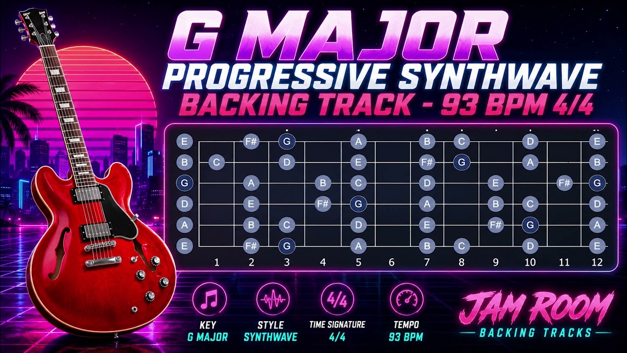 A Major Progressive Synthwave Rock Backing Track - 93 BPM - 4/4