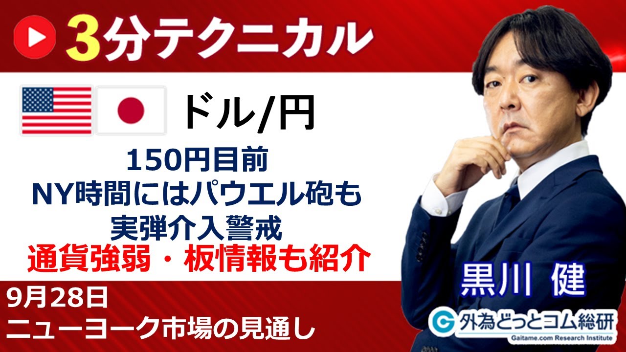ドル/円見通し 「150円目前、 NY時間にはパウエル砲も、 実弾介入警戒」見通しズバリ！3分テクニカル分析 ニューヨーク市場の見通し　 2023年9月28日
