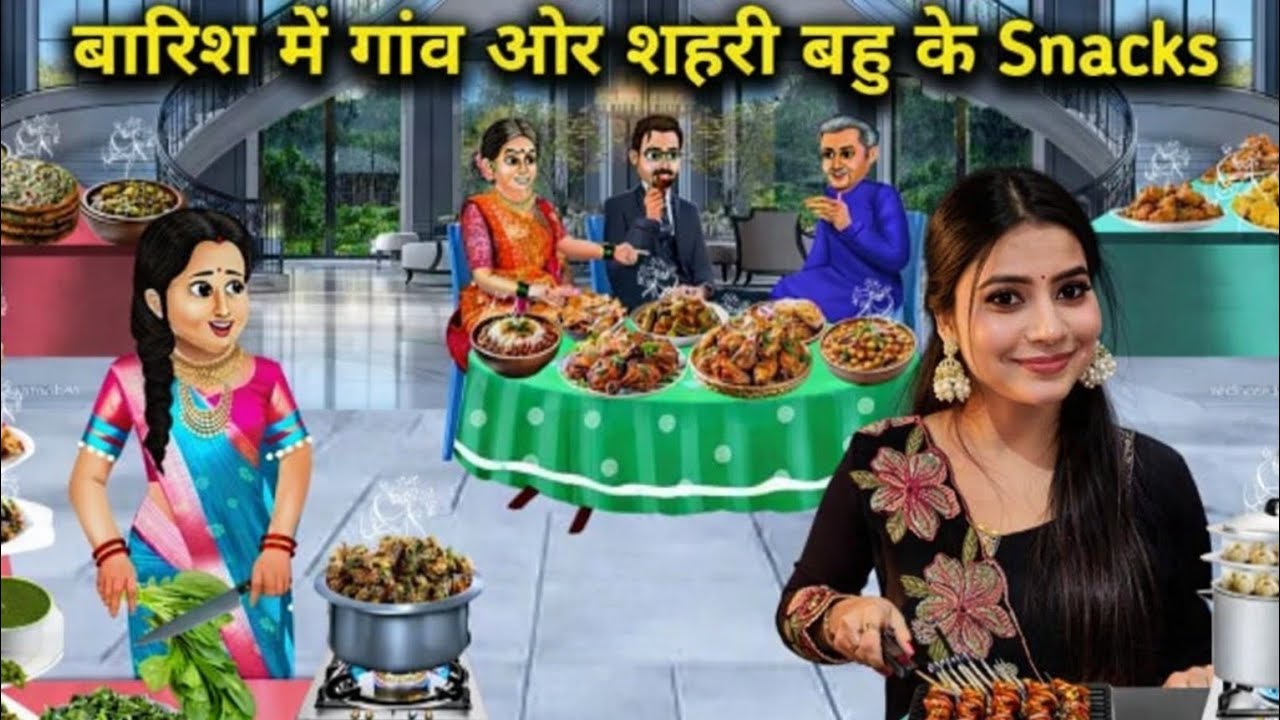 बारिश में गांव और शहरी बहू के snacks || Hindi cartoon stories||Snacks ofvillage and city daughter-in