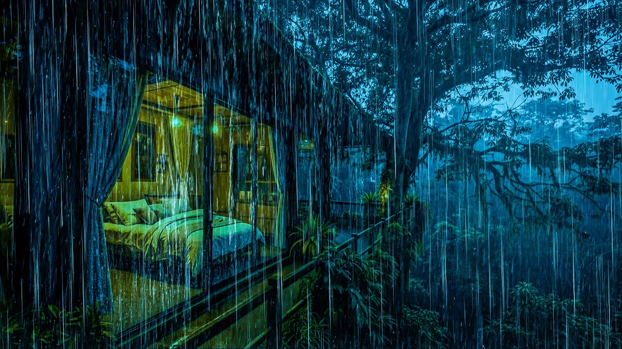 Cozy Glass Cabin in Heavy Rain │ Forest Night Ambience │ Deep Sleep Sounds