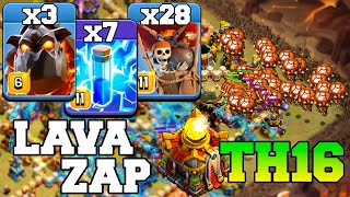 Lavaloon Attack Strategy With Zap Still OP ! 3 Lava + 30 New Level Balloon Best Th16 Attack Strategy