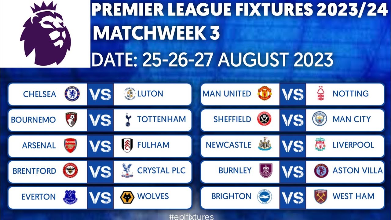 EPL Fixtures Today - Match Week 3 -English Premier League Fixtures 2023/2024 Season