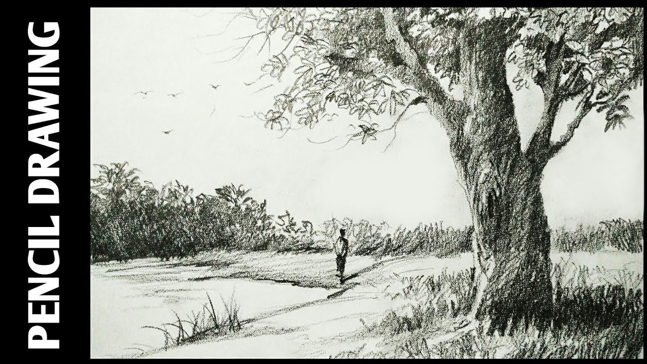 how to draw easy pencil sketch scenery,landscape pahar and river side scenery  drawing step by step, - YouTube