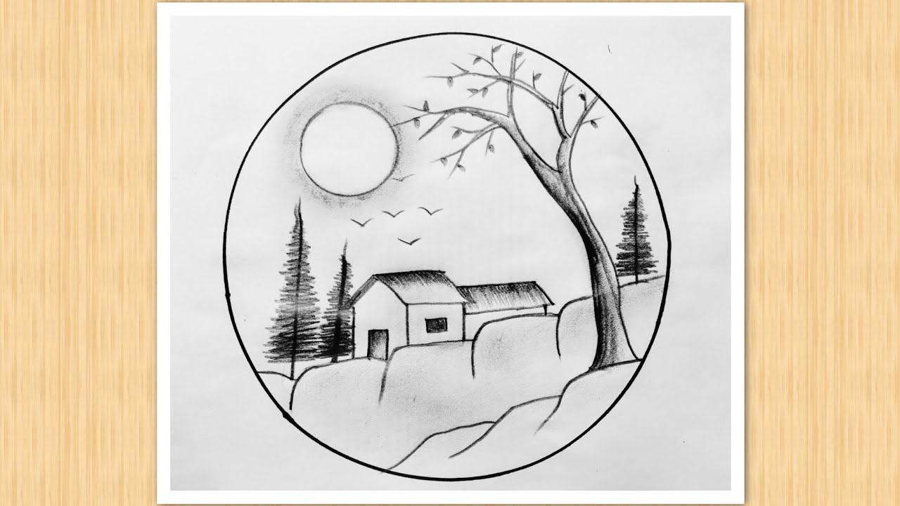 Easy circle scenery drawing /Easy drawing ideas for beginners/ How to draw pencil sketch drawing