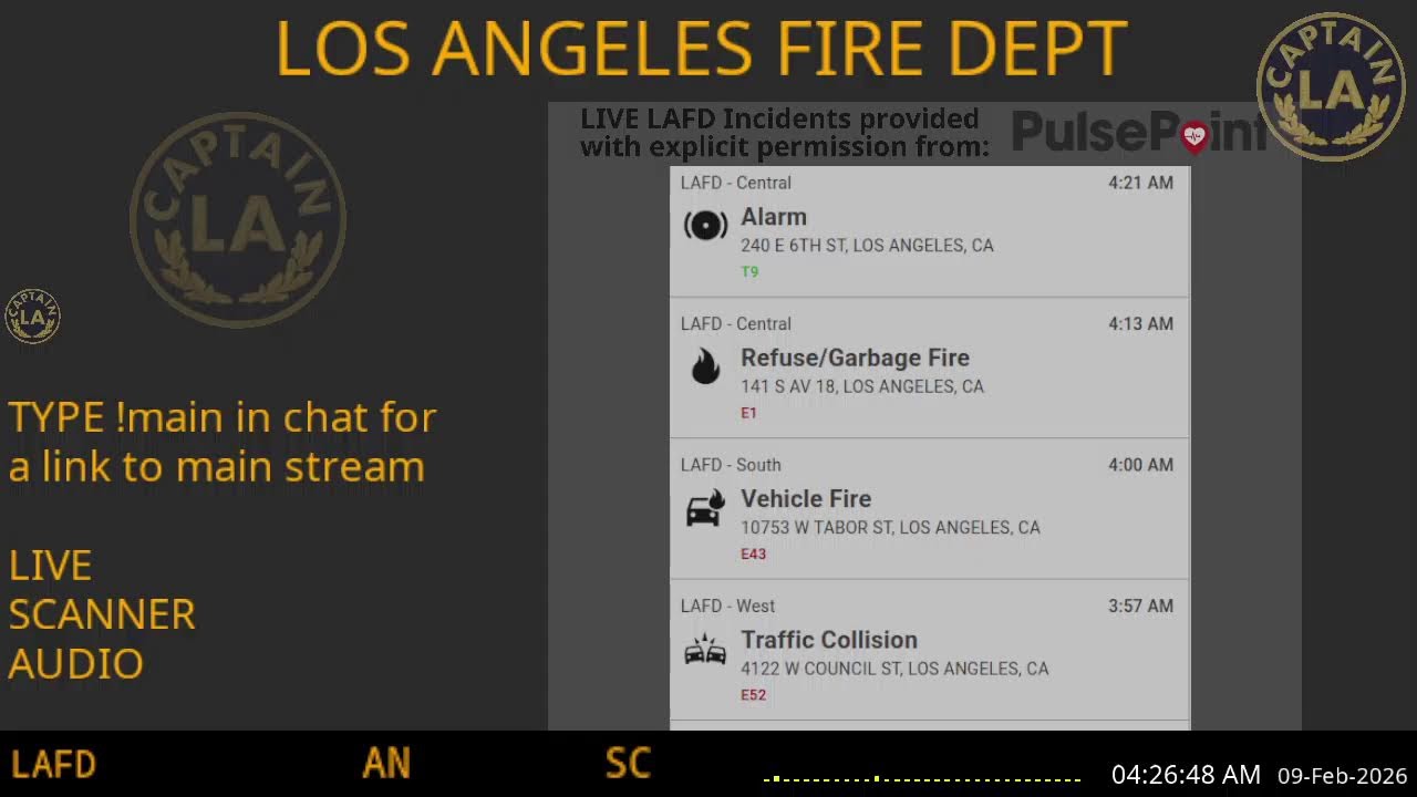 08-Feb-2026 // LAFD Los Angeles Fire Department SCANNER Radio ARCHIVE // FIRE & EMS // LA CAPTAIN