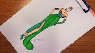 تعلم رسم فستان أنيق باللون الأخضر | جميل وسهل جدًا للمبتدئين | تعليم رسم الأزياء