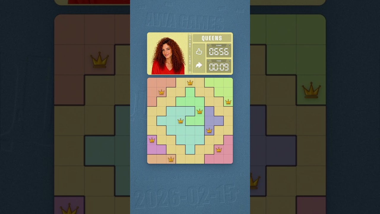 LinkedIn Queens #656 solved board for February 15, 2026, 9x9 grid