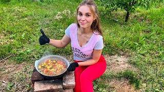 COOKING A delicious dinner IN A CAULDRON - Nastya and village life
