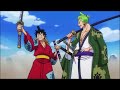 Luffytaro and zorojuro meet again in wano luffy use samurai language and use a sword one piece 