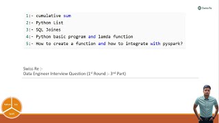 Swiss Re Data Engineer Interview Question (1st Round :- 3rd Part) - Day 34