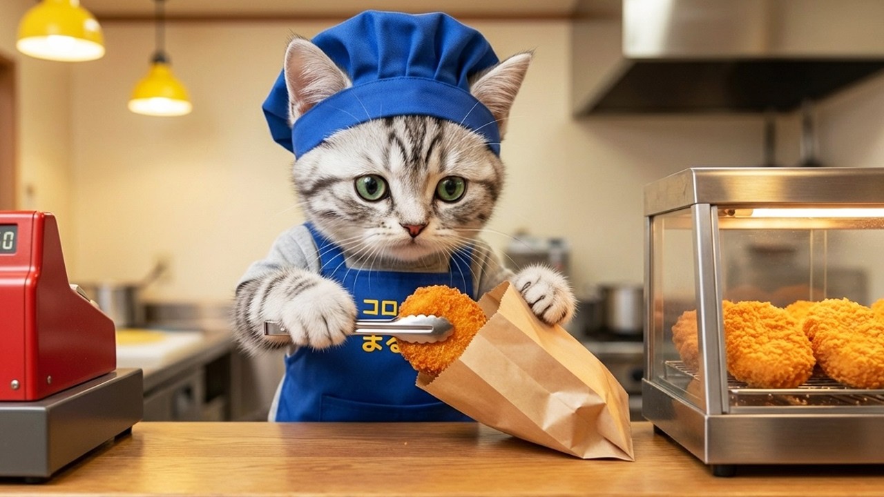 揚げたて熱々!!コロッケ屋さんでお手伝い!!まるりんの一日に密着🐱🥔