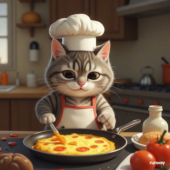 A Fluffy Gray Tabby Cat Chef In A White Chef Hat And Red Apron Cooking 