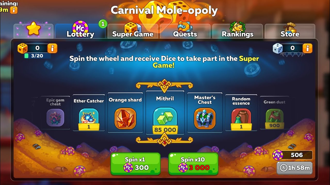 Route to Unique rewards! Spin and Roll (6. Day) Carnival Mole-opoly! Hustle Castle