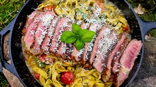 Pasta with Juicy Steak, the Best comfort Food in the World prepared outdoors. (ASMR Relaxing Video)