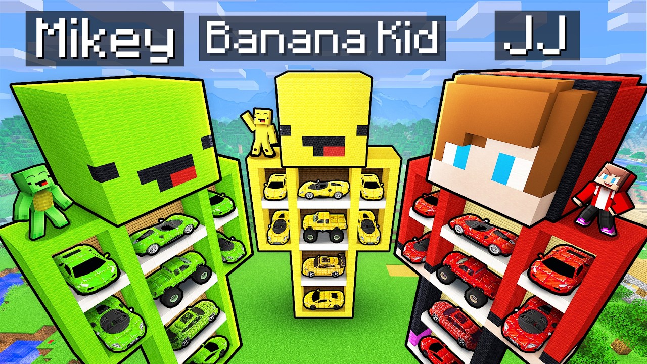 JJ vs Mikey vs Banana Kid: GARAGE STATUE BATTLE in Minecraft!