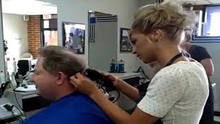 Barberette in Action - She Shaved Him Bald (PART 1)