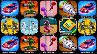 Merge Neon Car, Tactical War, Run Race 3D, Ground Digger, Age of War, Thief Puzzle, Sniper Challenge screenshot 5