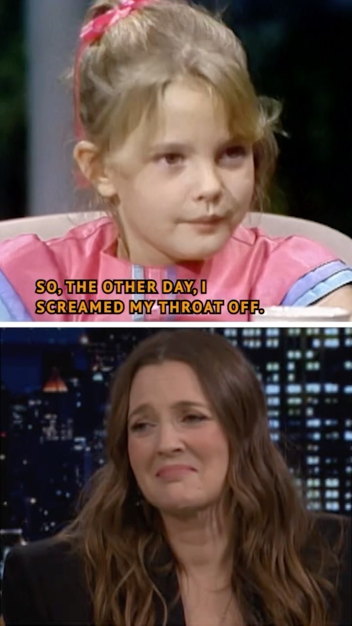 #DrewBarrymore reacts to a video of her at 7 years old screaming on The Tonight Show!