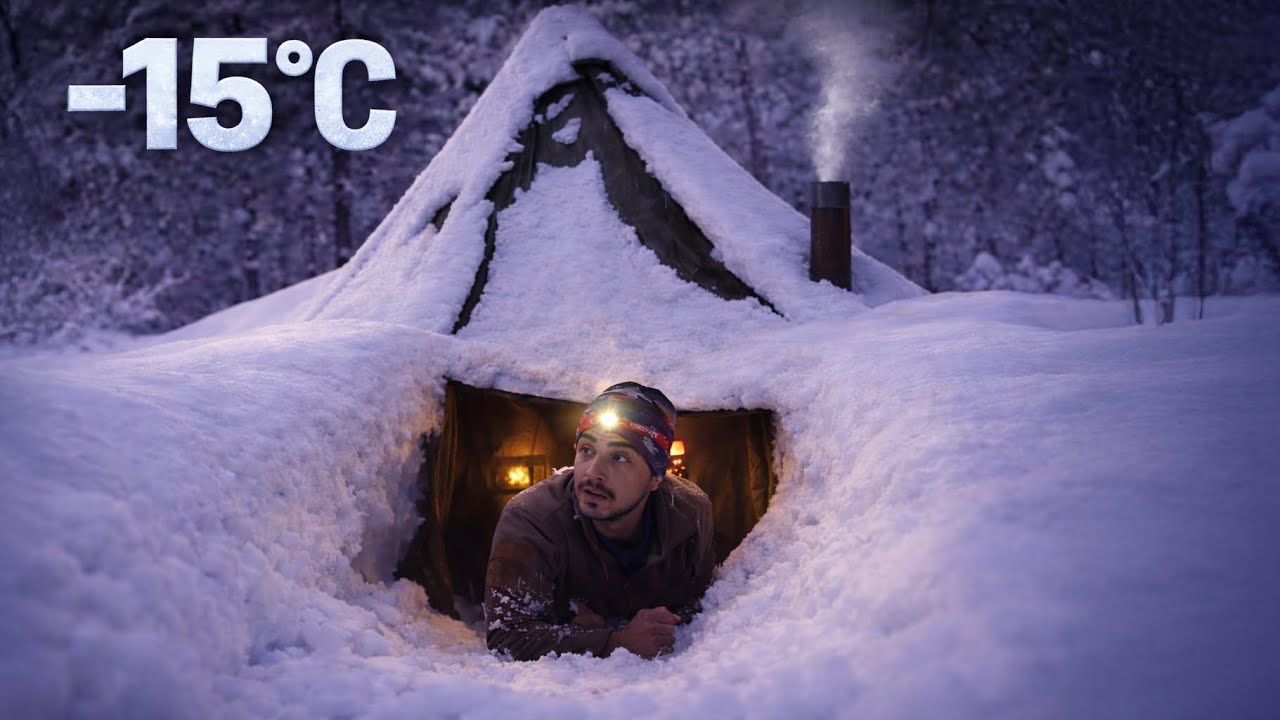 Экстремальный зимний кемпинг под глубоким снегом при температуре -15°C ❄️