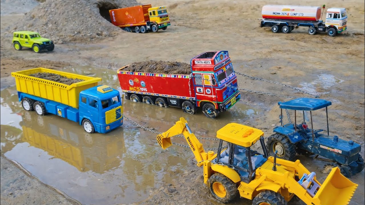 Sand Loaded New BharatBenz Tata Truck Stuck Mud Pulling Out JCB 3DX Swaraj Tractor | JCB Cartoon