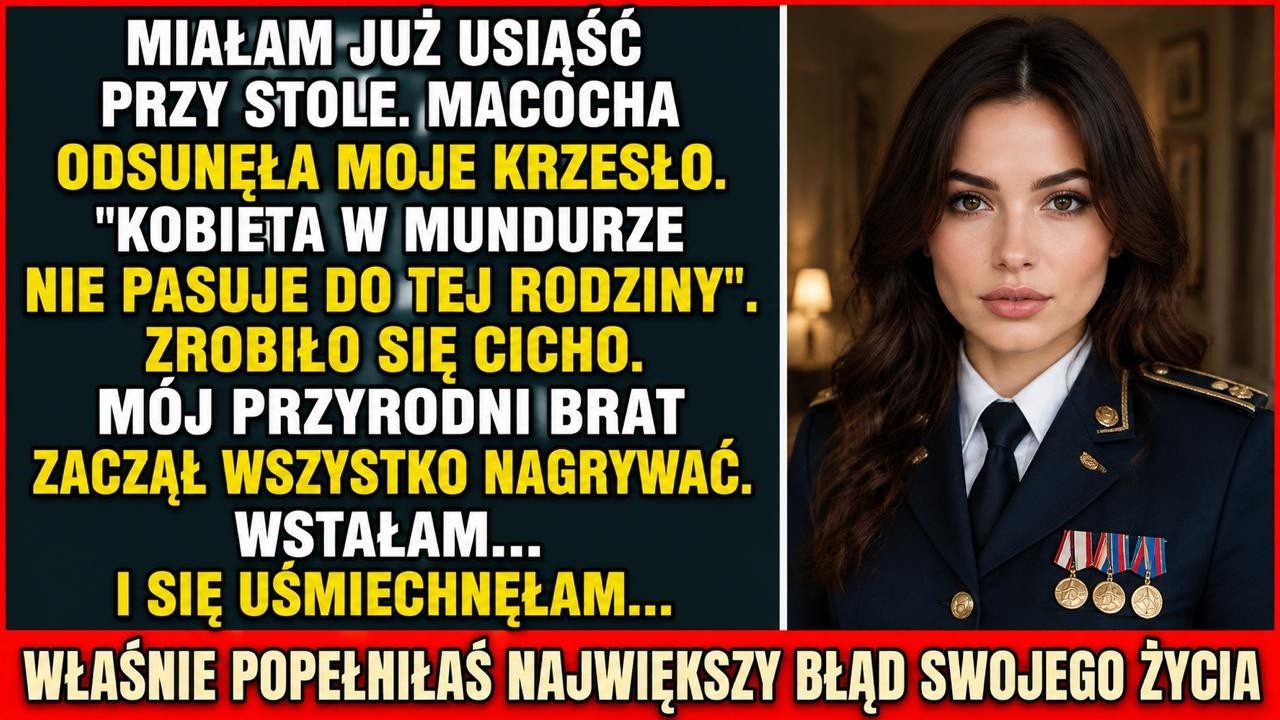 Krzesło odsunęło się z głośnym zgrzytem, a moja macocha spojrzała na mnie wprost. „Kobieta w mundurze nie pasuje do tej rodziny” – powiedziała przy moim ojcu, przy moim bracie, przy całym stole....