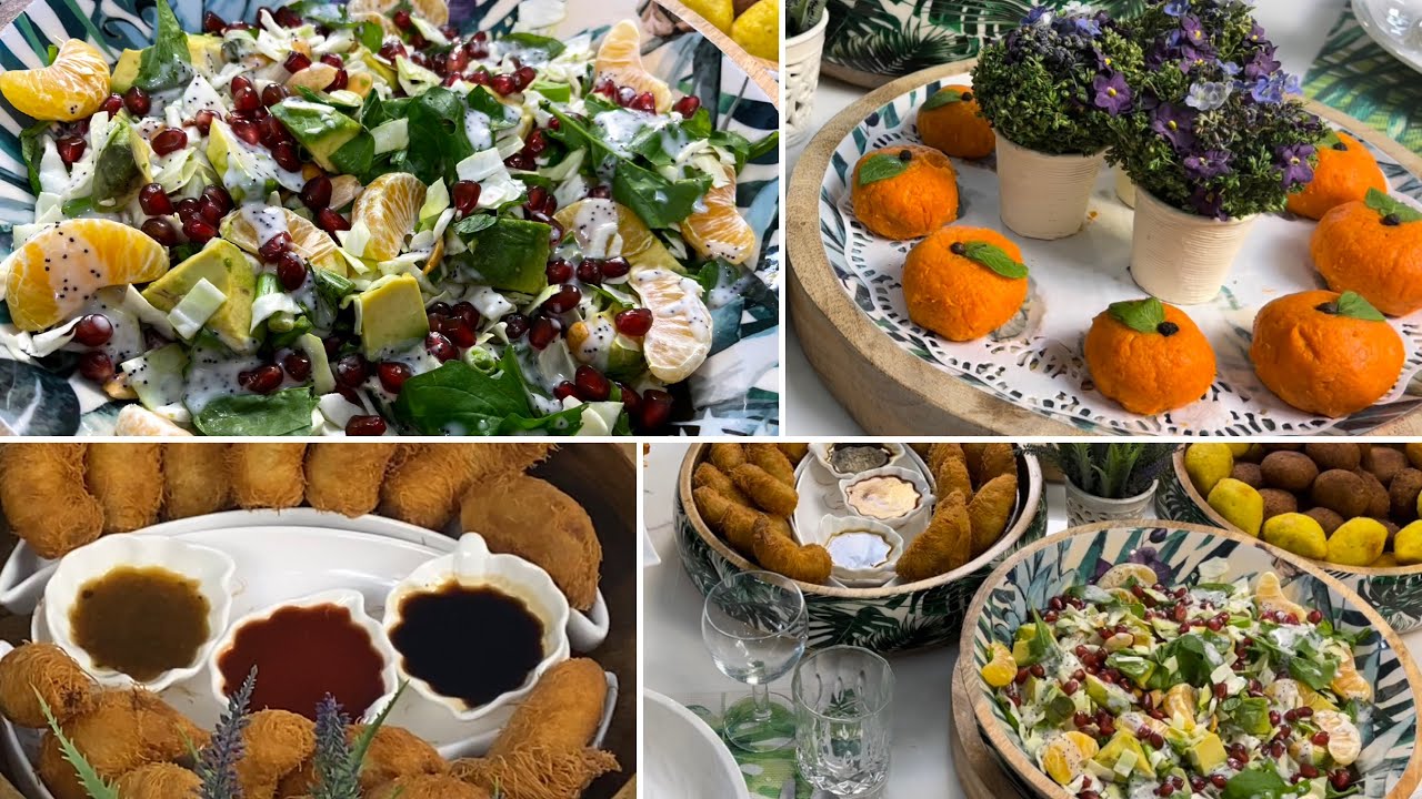 عزومة غداء مع الذ الاطباق ربيان بالكنافة/سلطة المندرين بالافوكادو والرمان/كور السلطة اللذيذه