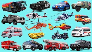 Emergency Vehicles - Police Car, Ambulance, Fire Car, Helicopter - Learn English Transportation