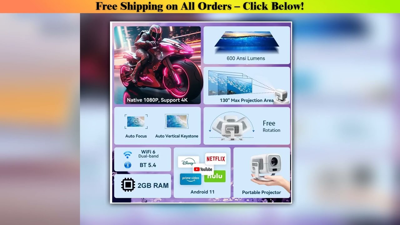 DITONG X3Plus HD projector Native 1080P support 4K WIFI6 BT5.4 Android projector Auto-focus