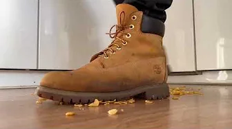 Dirty Timberland Boots food stomp, trampling corn flakes to dust