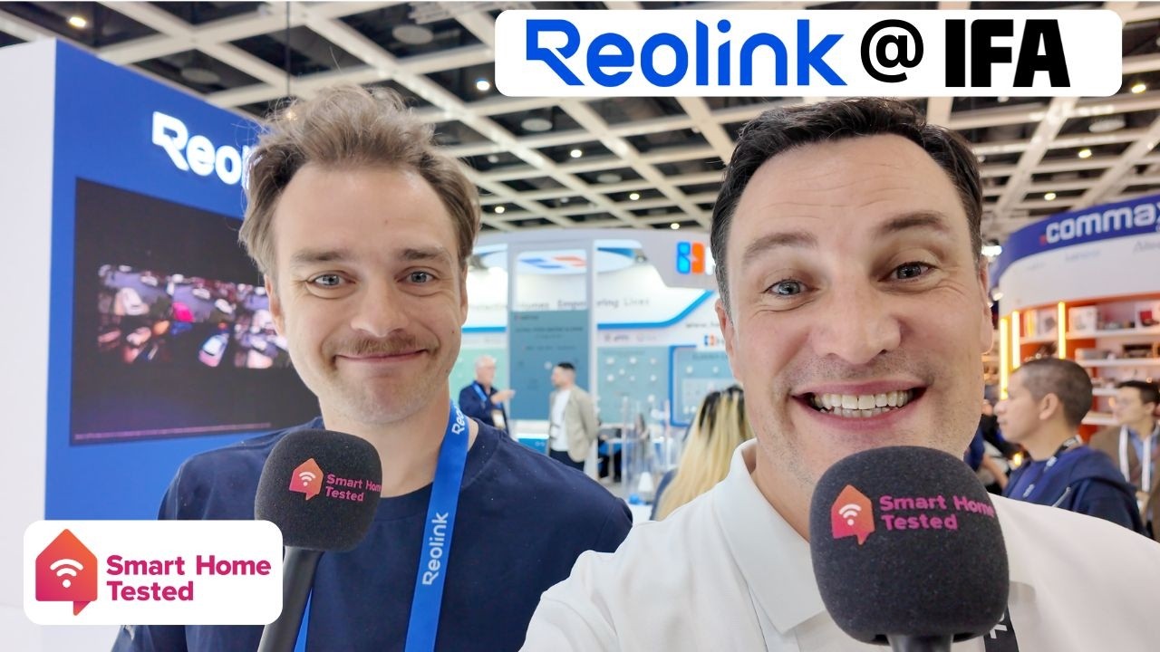 Aske from Reolink and Derek from Smart Home Tested in a YouTube thumbnail for a Reolink booth tour at IFA 2026 in Berlin 