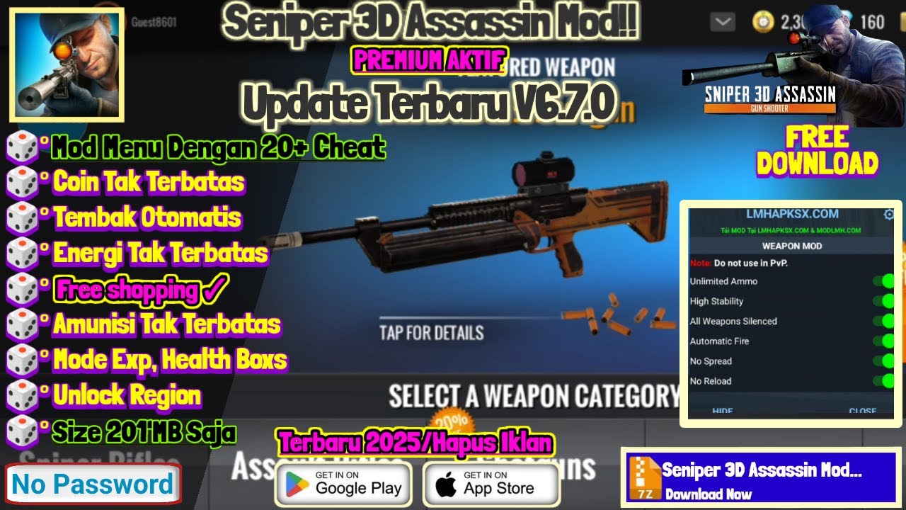 Seniper 3D Assassin Update V6.7.0 Unlimited Coin, No Reloaded, Exp Mode No password
