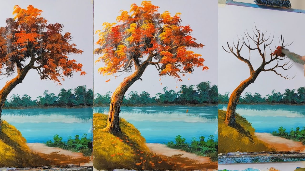 Autumn Tree on a Small Hill by the Jade Lake | Step-by-Step Acrylic Painting Tutorial