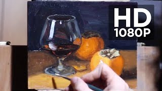 Painting realistic still life with glass, liquid and fruit  Demonstration by Aleksey Vaynshteyn