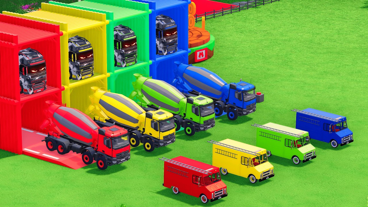 Garage with Colors - ALL MIXER TRUCK WITH DOUBLE FLATBED TRAILER TRUCK, VOLVO, MERCEDES, LIZARD FS22