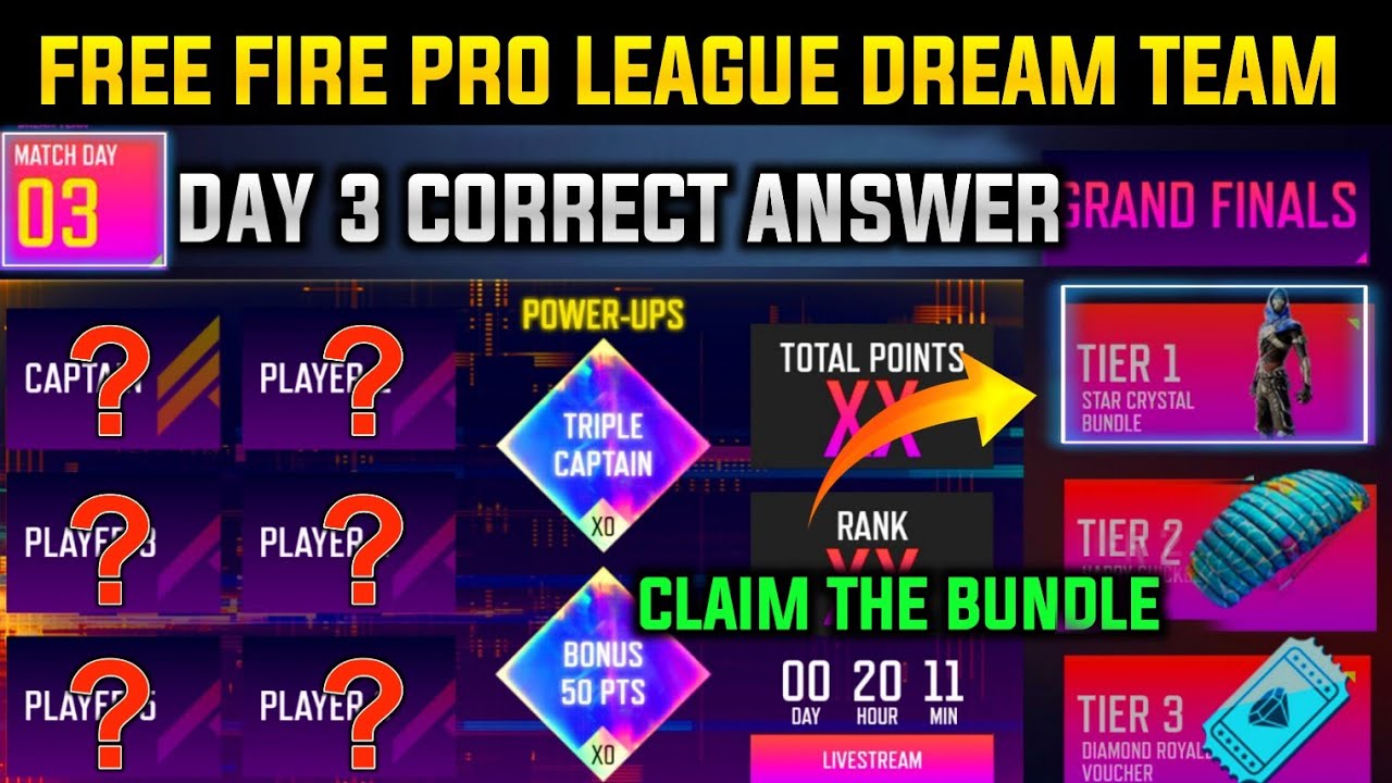 Free fire pro league Dream team Event|Match Day 3 Selection|Power up redemption |100% best team