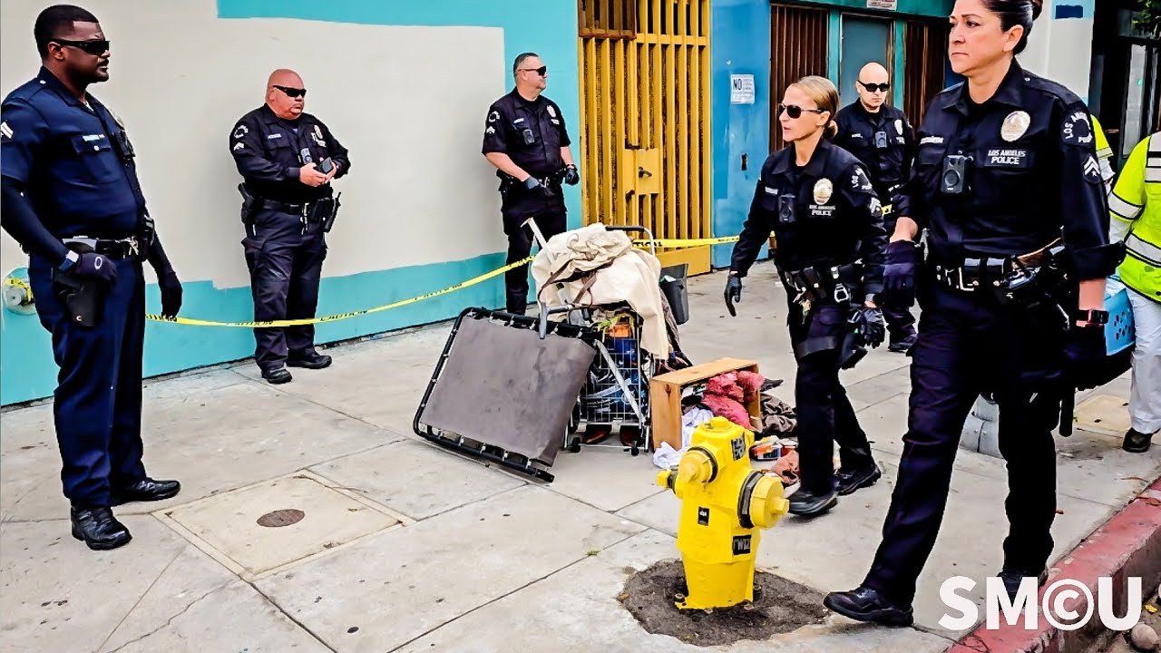 LAPD Officers Oversee Homeless Cleanup on Pacific Avenue in Venice