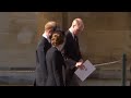 Prince Harry leaves the Chapel together with William and Kate. The three walk and talk, together.