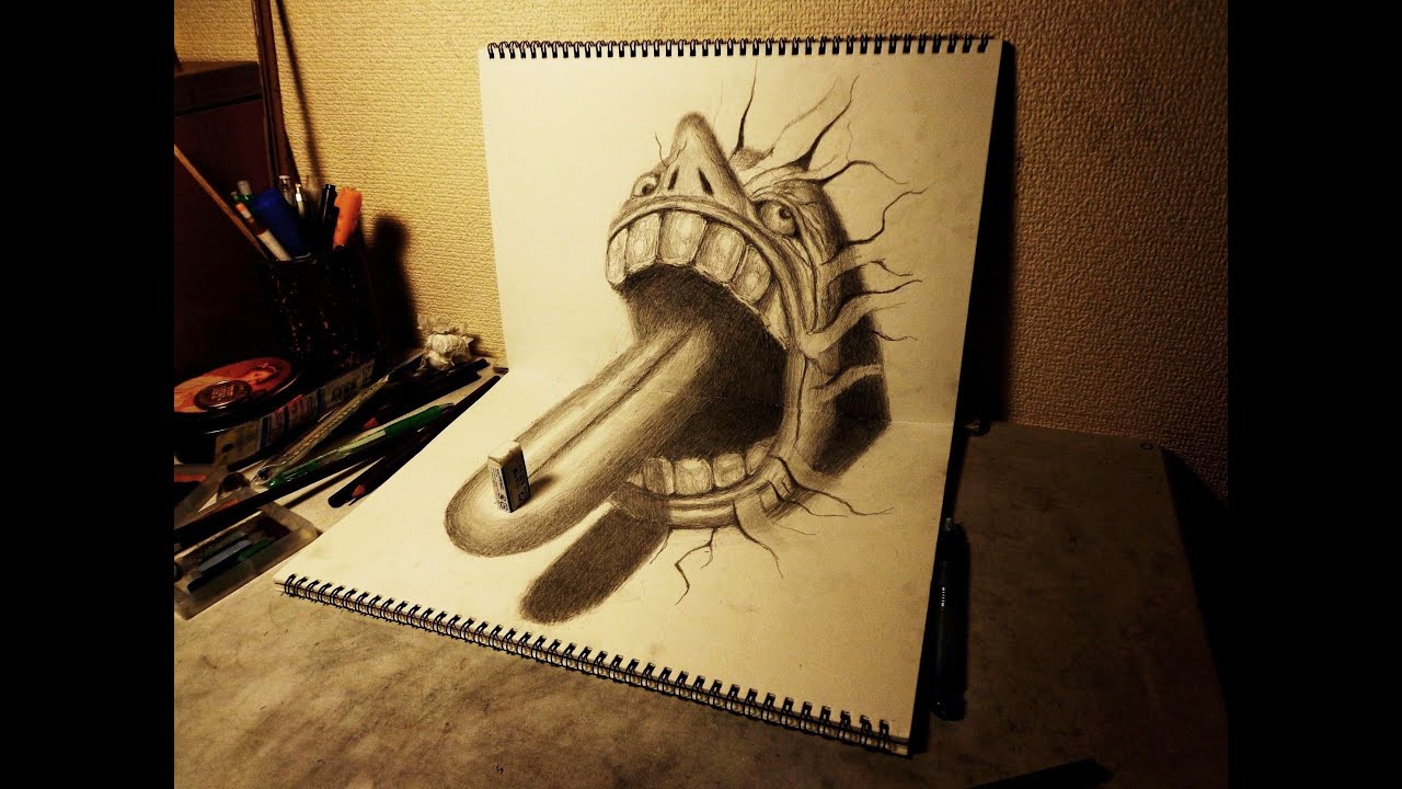 イラストの舌が飛び出す！？ 鉛筆で描く3Dトリックアート - YouTube