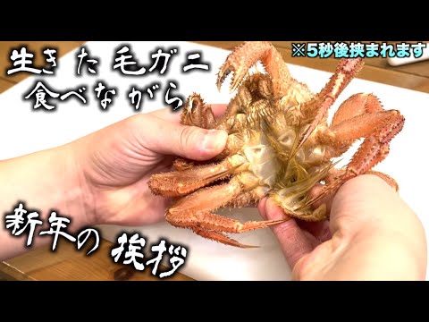 生きてる毛ガニをそのまま食べながら新年の抱負について語る