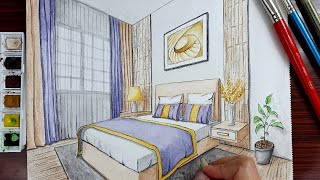 Drawing A Bedroom in Two Point Perspective | No ruler Challenge | Timelapse