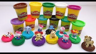 Play-Doh Learn Colours with Surprise Toys Hello Kitty Horse Lion Cat Elephant Bear Dog Molds Shapes